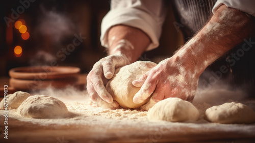 Unrecognizable young man kneading dough on wooden table. Males hands making bread on dark background. Selective focus.