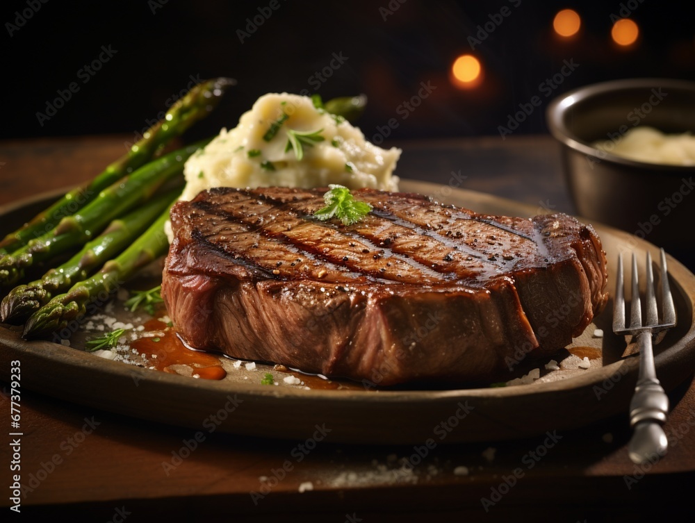 Brazed steakhouse steak served with asparagus and mashed potatoes on a simple wooden plate - obrazy, fototapety, plakaty 