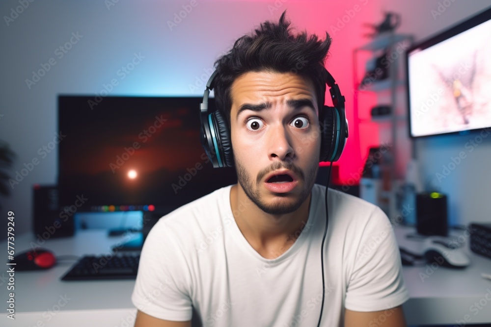 Shocked gamer at his desk with headphones, white t-shirt, hispanic Shocked gamer at his desk with headphones, white t-shirt, hispanic