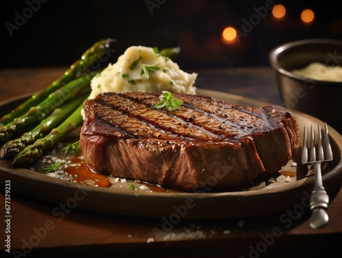 Valokuvatapetti Brazed steakhouse steak served with asparagus and mashed potatoes on a simple wo