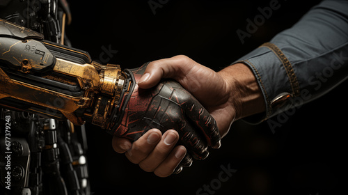 Artificial intelligence / modern technology: A businessman is shaking hands with a robot arm © Frank Gärtner