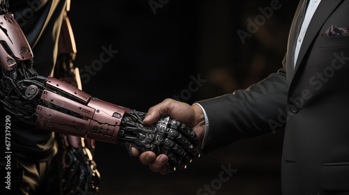 Artificial intelligence / modern technology: A human businessman is shaking hands with a robot arm