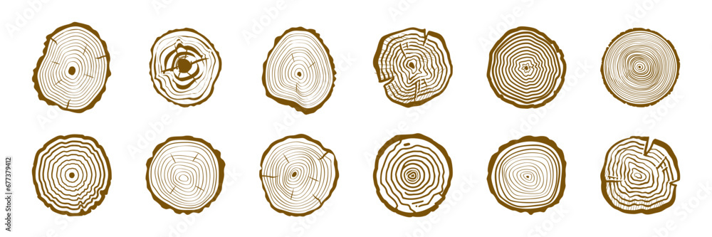 Wood Tree Rings Vector Set. Wood Tree Trunk Rings - obrazy, fototapety, plakaty 