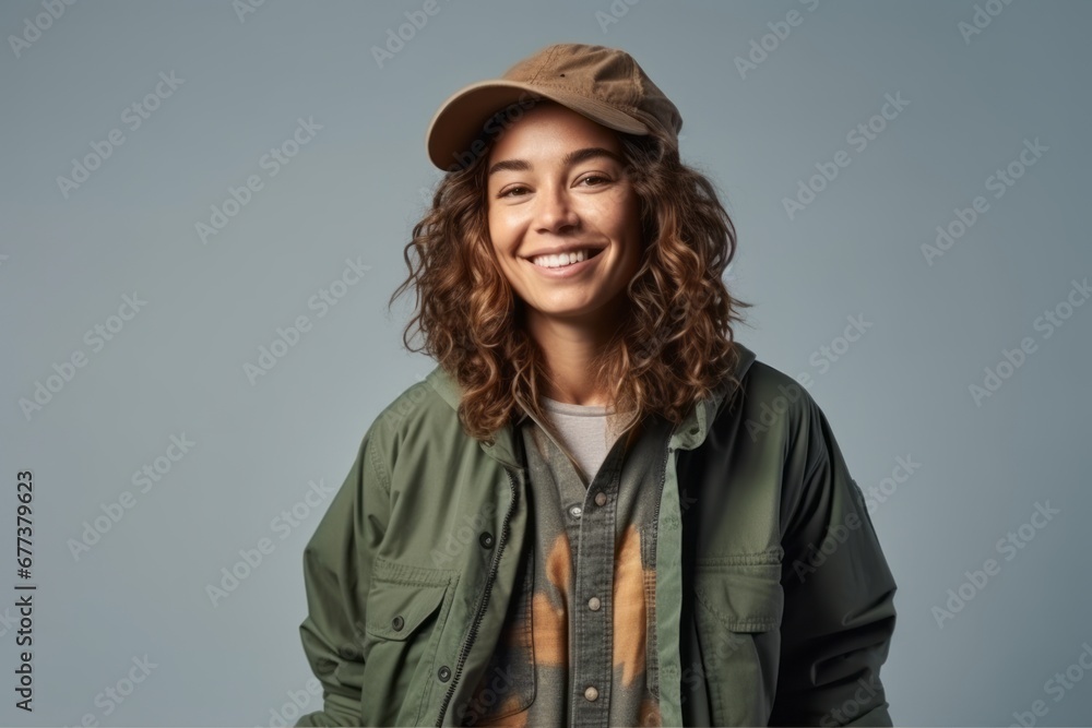 Portrait of a smiling young woman in a cap and green jacket Portrait of a smiling young woman in a cap and green jacket