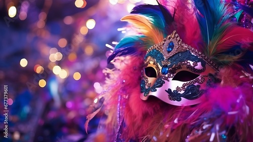 Colorful mask decorated with feathers and sparkles. Carnival mask banner with place for text © BraveSpirit