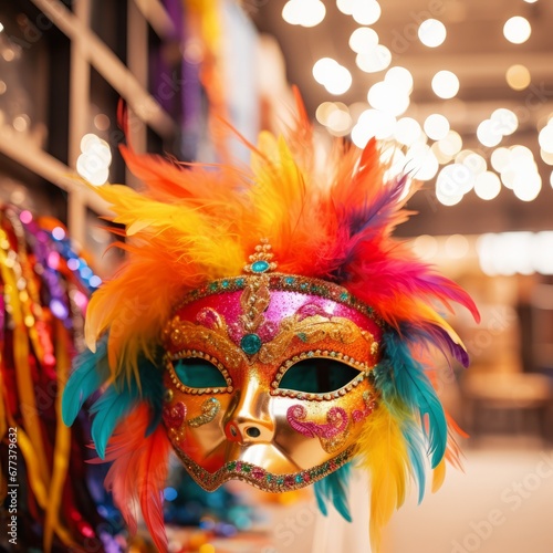 Colorful mask decorated with feathers and sparkles. Carnival mask banner with place for text © BraveSpirit
