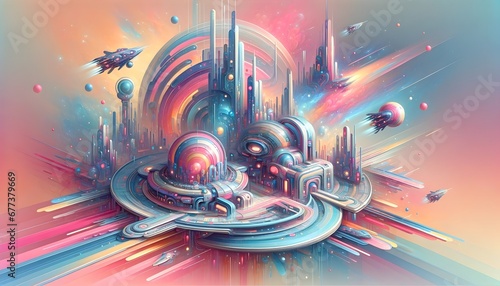 Vibrant Futuristic Space City with Flying Vehicles