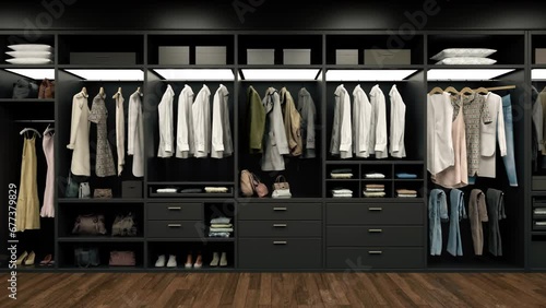 Luxury wardrobe, stylish clothes organised on shelves in a large walk-in closet interior. photo