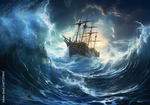 Ship sails in a turbulent sea on a large wave. Epic image. AI generative photo