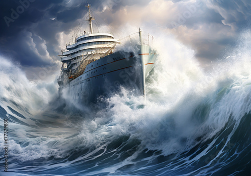 Ship sails in a turbulent sea on a large wave. Epic image. AI generative