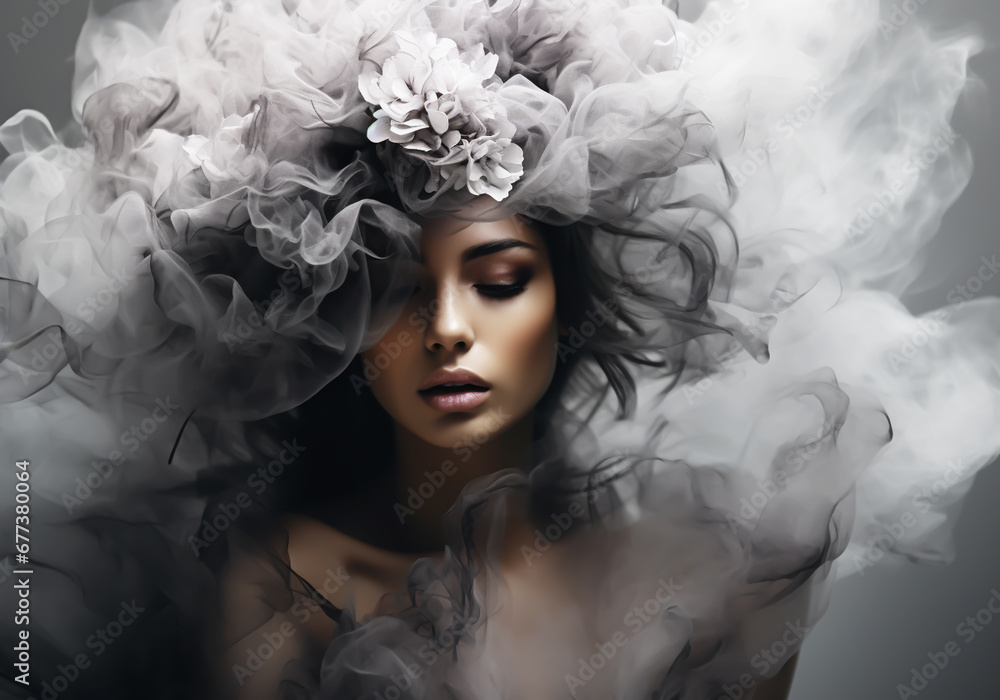 Abstract and diffuse portrait of woman with captivating elegance style and smoke all around. AI generative Abstract and diffuse portrait of woman with captivating elegance style and smoke all around. AI generative