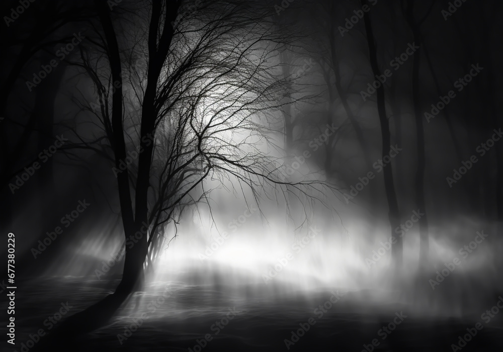 Obraz premium Rays of light on trees and snowy landscape, isolated in the darkness in a surrealistic environment. AI generative