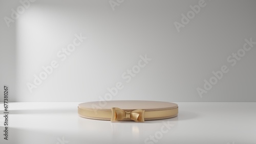 Wooden round gift podium pedestal with gold ribbon bow on white background. Showcase of beauty and cosmetics product. 3D rendering