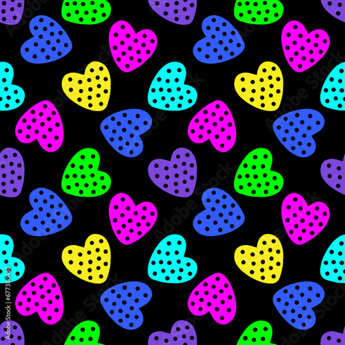 Seamless pattern with multi-colored neon hearts on a black background