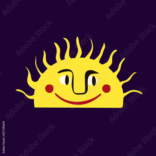 Funny Funky sun with a lovely face. Freaky quirky sun. Card in modern doodle style. Vector illustration