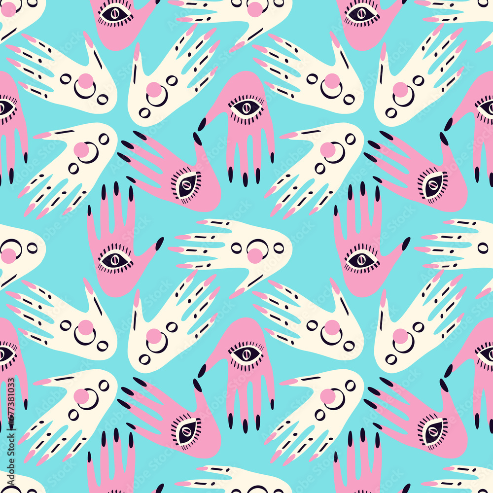 Seamless pattern with Magical mystical symbol hands with eyes Seamless pattern with Magical mystical symbol hands with eyes