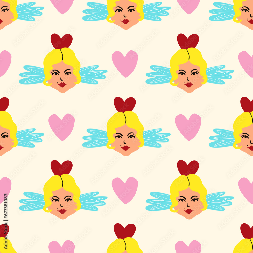 fancy angels and heart Valentines Day pattern. Illustration in a doodle style
