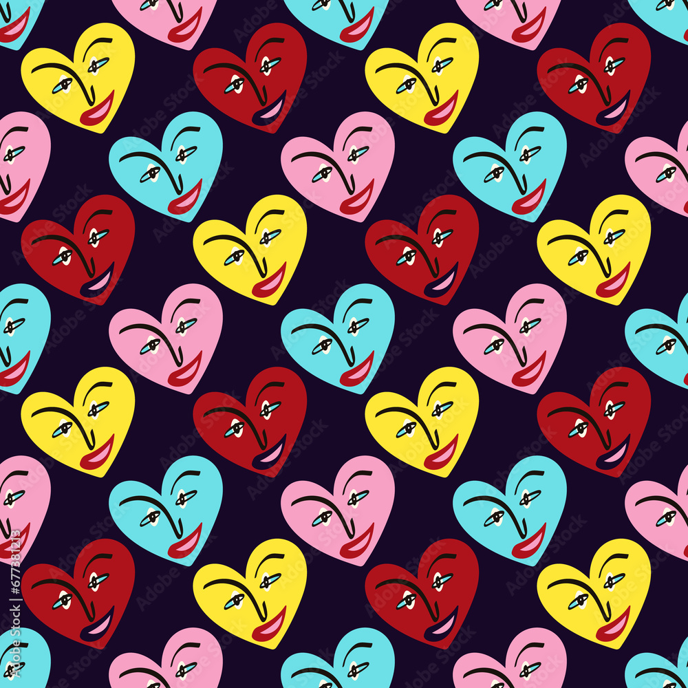 Valentines Day pattern with ugly funky hearts. Groovy cute love characters Valentines Day pattern with ugly funky hearts. Groovy cute love characters