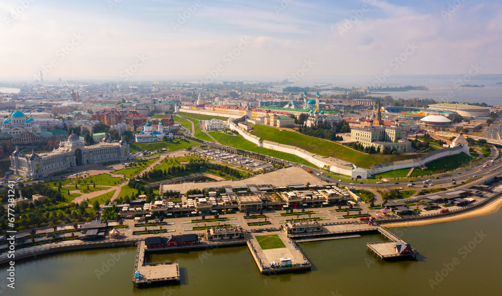 Cityscape of Kazan in summertime. Bird's eye view of Agricultural Palace and Kazanka River embankment.