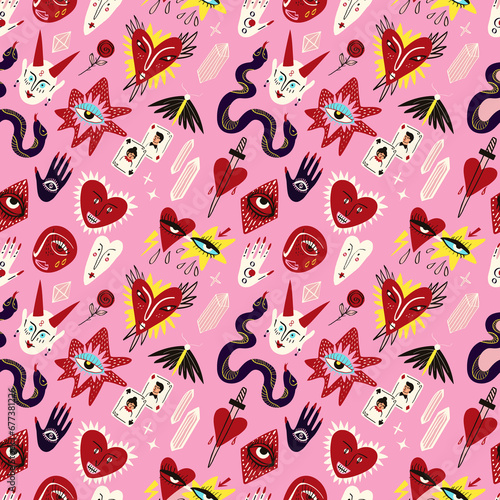 ugly Valentine pattern. Bizarre funky pattern for Valentines Day in doodle style