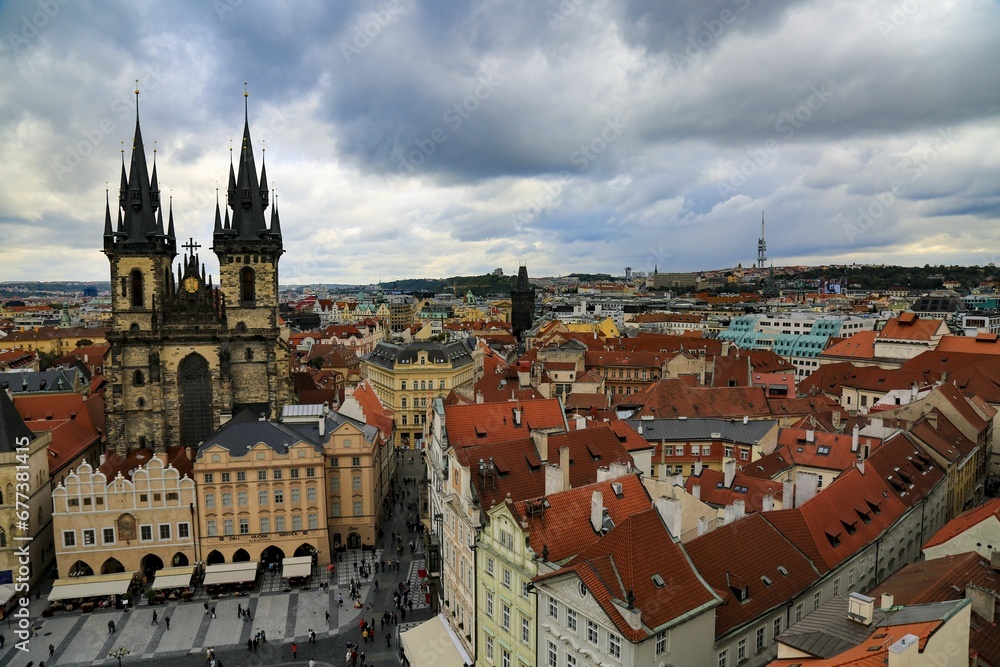 Aerial view of the Prague city with the Church of Our Lady before Tyn