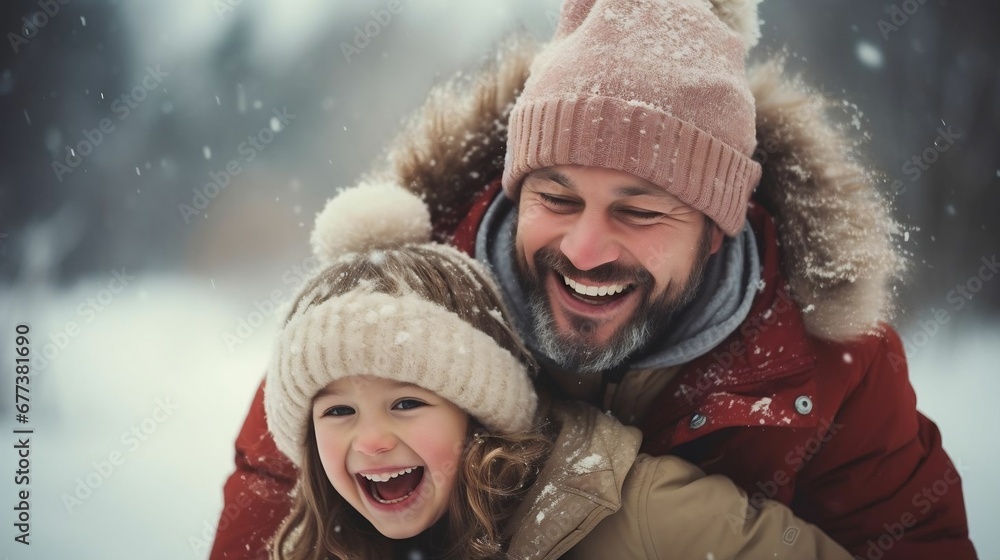Father, kids play, laugh in winter snow outdoors