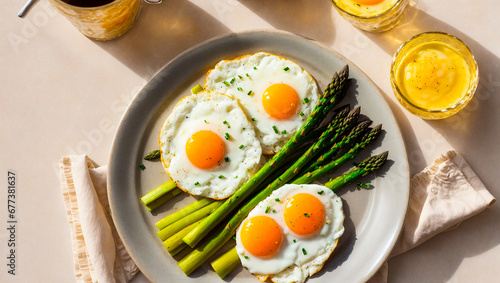 delicious appetizing fried eggs, asparagus on the table