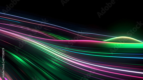 Mesmerizing Night Symphony: A Spectacle of Dynamic Light Tails in green and pink Colors, Illuminating the Urban Canvas with Abstract Radiance, Perfect for a Captivating Screensaver Experience