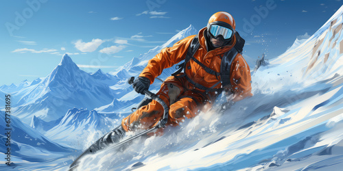 Color illustration of a man who is skiing on a snow mountain