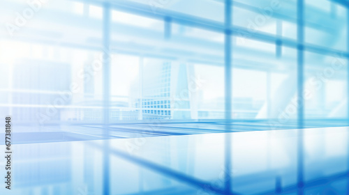 Blue office conference table and large glass windows