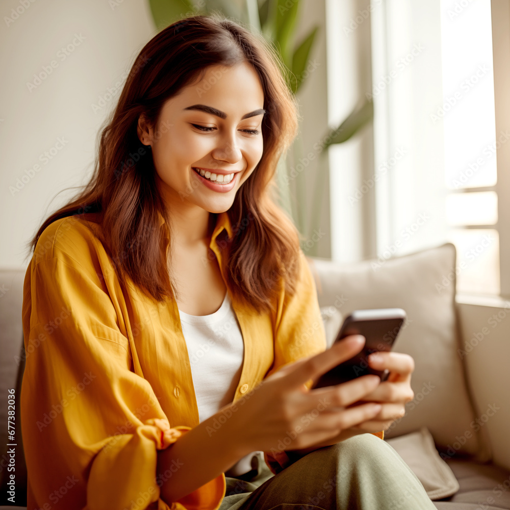 LAUGHING YOUNG WOMAN WITH SMARTPHONE. legal AI LAUGHING YOUNG WOMAN WITH SMARTPHONE. legal AI