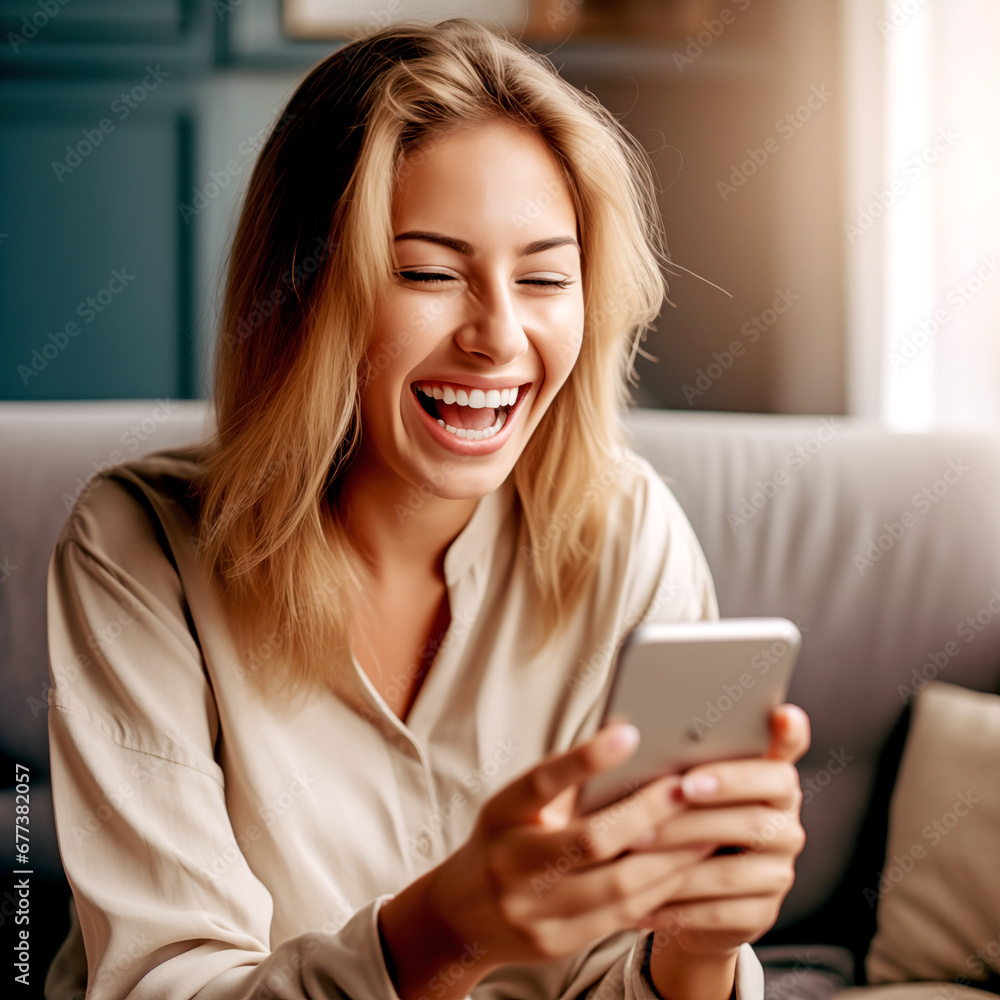 LAUGHING YOUNG WOMAN WITH SMARTPHONE. legal AI