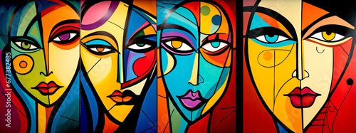 COLORFUL ARTISTIC GRAFFITI OF WOMEN IN CUBIST AND POP ART STYLE. legal AI 