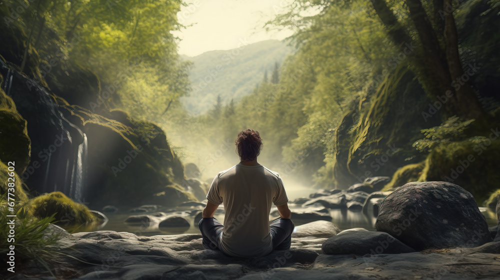 A man practicing mindfulness and meditation in a peaceful natural environment, landscape man meditating in nature looking for spirituality. A man practicing mindfulness and meditation in a peaceful natural environment, landscape man meditating in nature looking for spirituality.