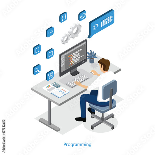 Programmer at work concept banner. Coder Engineer At Workplace. Isometric Vector Illustration.
