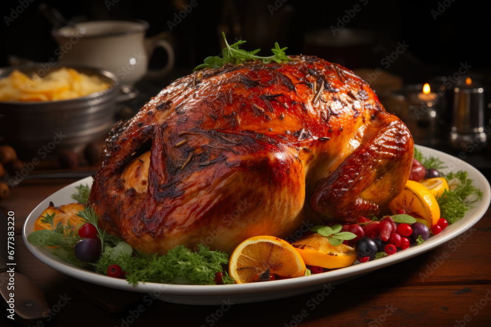 Festive Thanksgiving Roast on Rustic Table Festive Thanksgiving Roast on Rustic Table