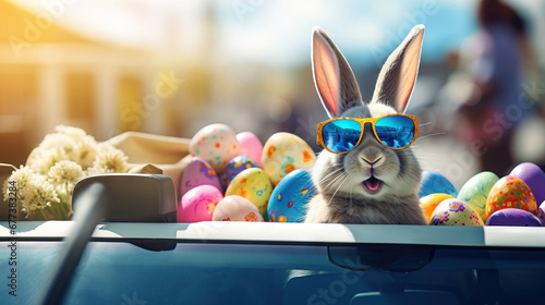  Cute Easter Bunny with sunglasses looking out of a car with traditional colourful easter eggs 