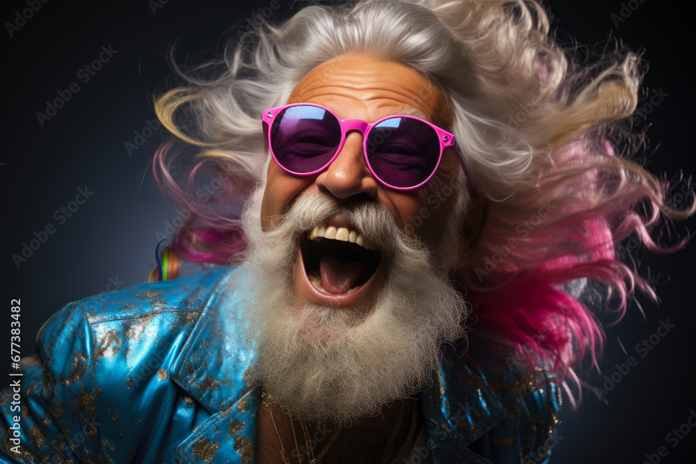 Grooving Elderly Man with Bright Glasses on Blue Background Grooving Elderly Man with Bright Glasses on Blue Background