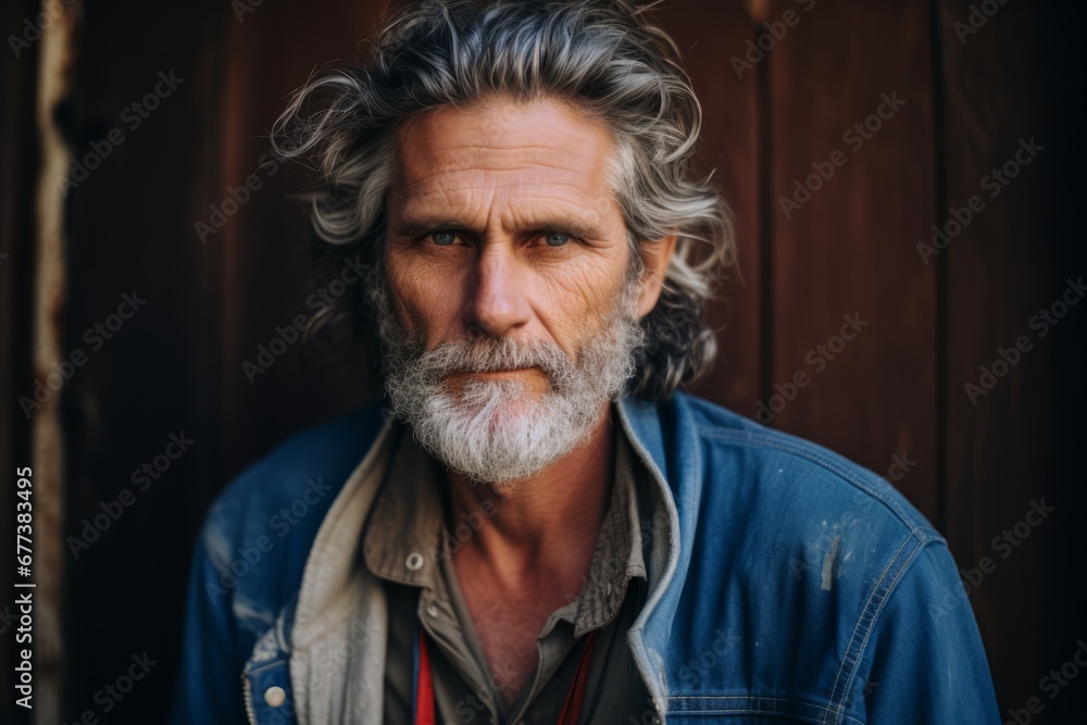 Portrait of a senior man with gray hair and beard in a denim jacket. Portrait of a senior man with gray hair and beard in a denim jacket.