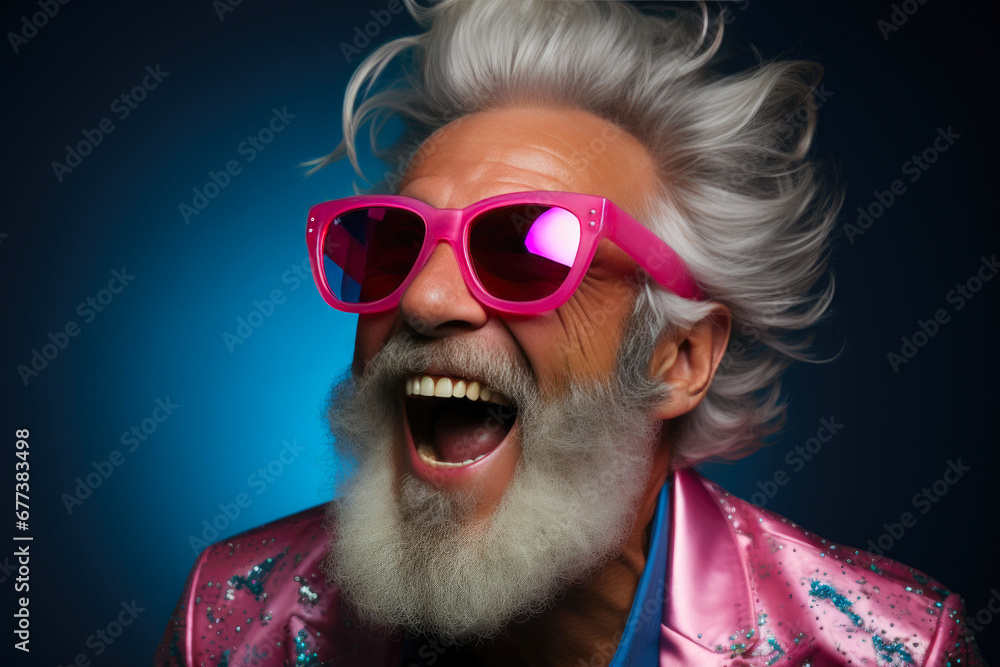 Cheery Steps: Gray-Bearded Man Dances in Party Glasses