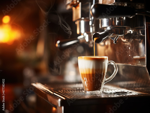 Close-up of espresso pouring from a coffee machine. Lifestyle concept suitable for drinks and rest