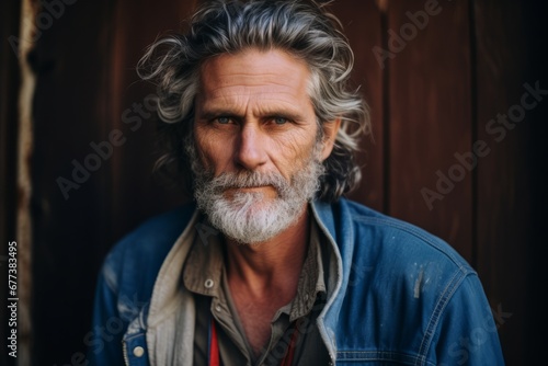 Portrait of a senior man with gray hair and beard in a denim jacket.