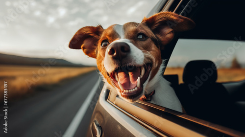 happy dog with head out of the car window having fun
 photo