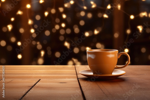 Woodland Charm: Hot Beverage on Rustic Table with Lights