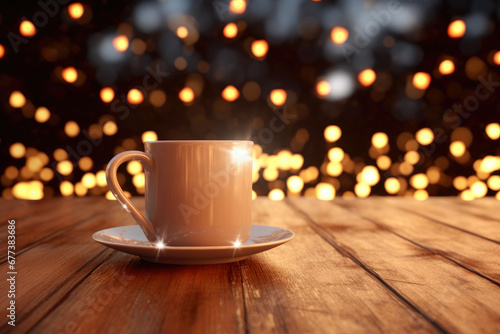 Seasonal Serenity: Warm Drink on Empty Table with Lights