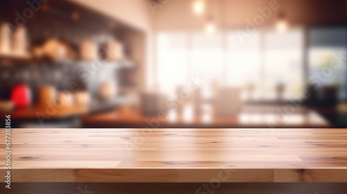 Wood table top on blur kitchen counter (room) background