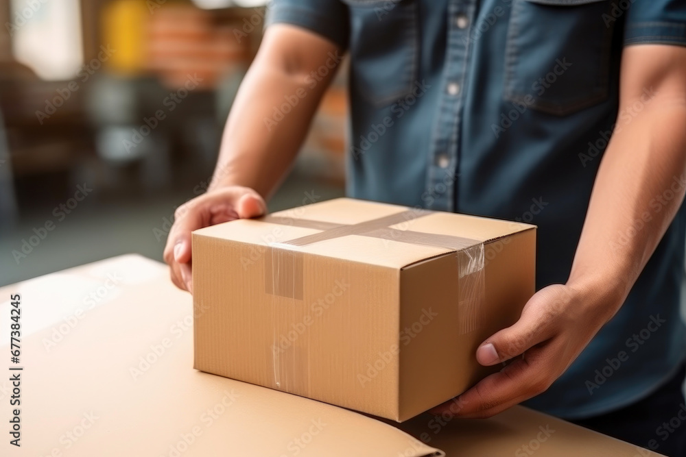 Efficient Parcel Processing: Male Hands and Cardboard Box Efficient Parcel Processing: Male Hands and Cardboard Box