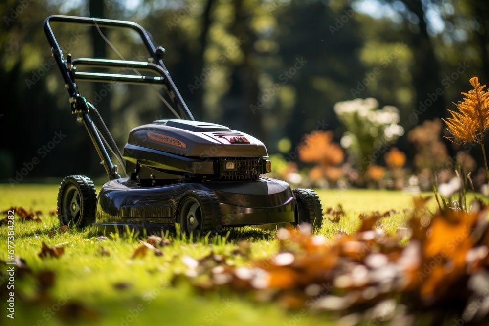 A lawn mower in the garden on the green lawn. A lawn mower in the garden on the green lawn.