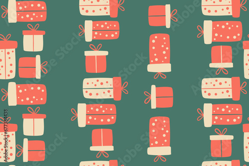 Christmas and Happy New Year seamless patterns, gift boxes. Vector holiday background