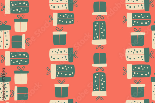 Christmas and Happy New Year seamless patterns, gift boxes. Vector holiday background